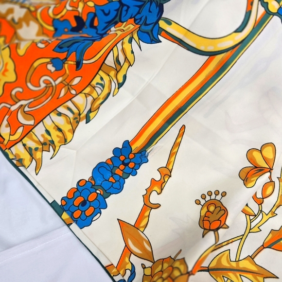 NWOT 100% SILK Scarf 'Flower Cart' Cream, Orange, Blue, Green 130cm Sq. - Picture 2 of 12